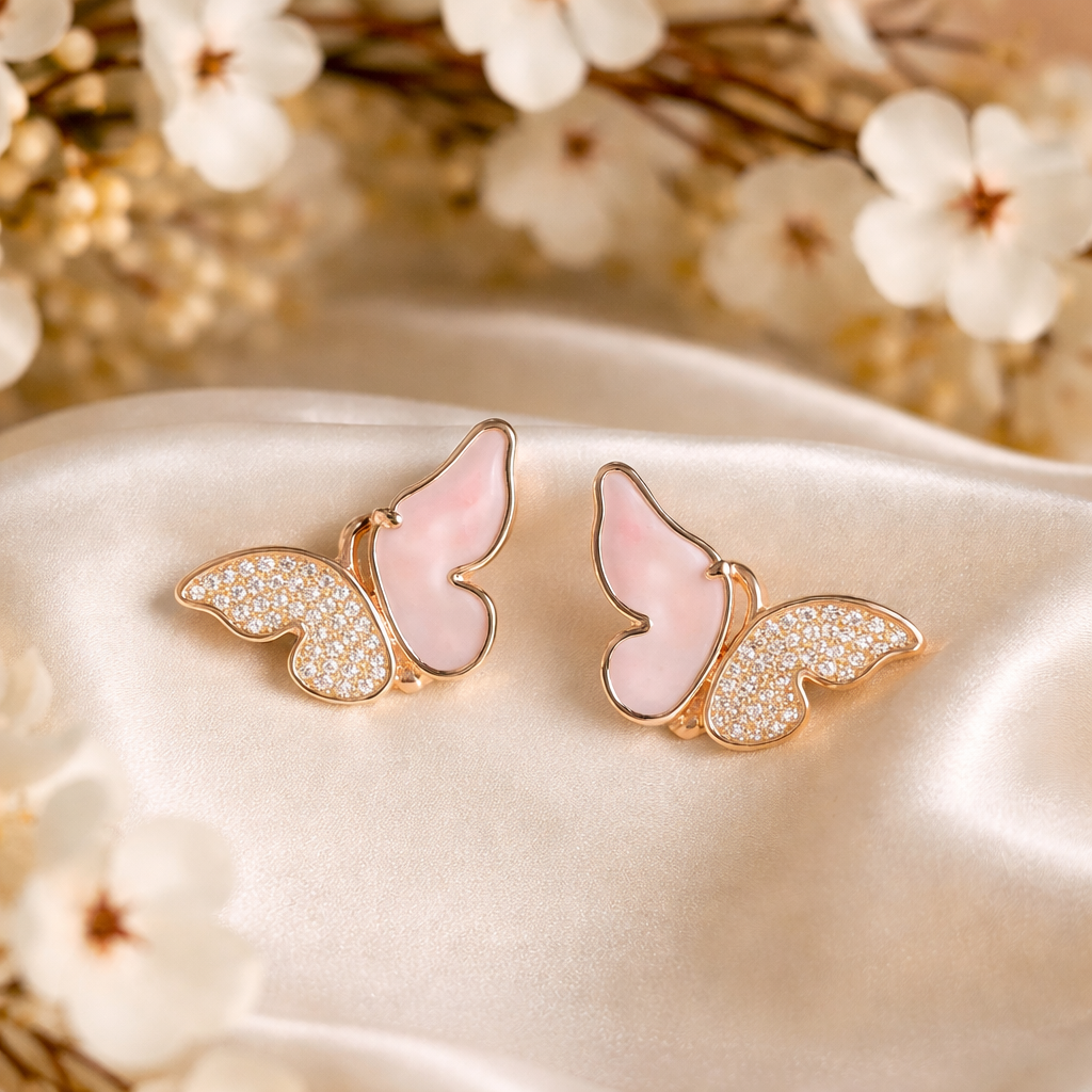 Gold Toned Pink Butterfly Stud Earrings