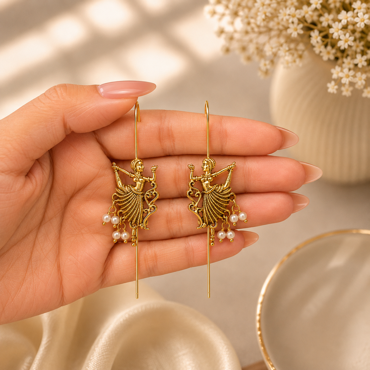 A Set Of Pearl Dancing Doll Needle Ear Cuff Earrings