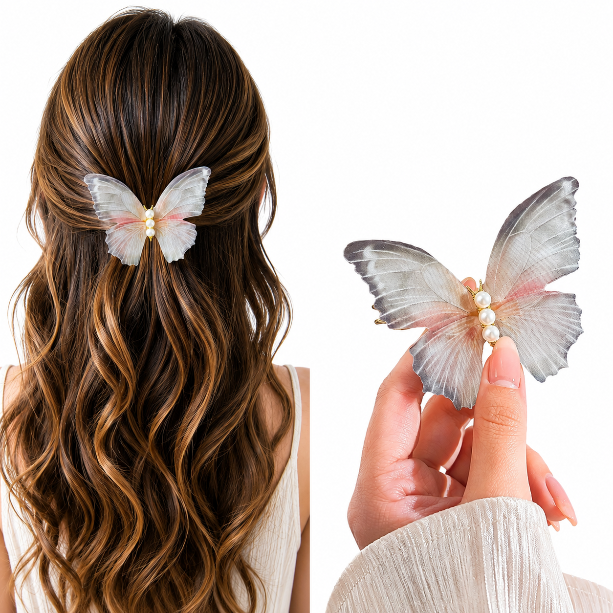 Romantic Fabric And Pearl Butterfly Fabric Hair Clip(Cream And Black)