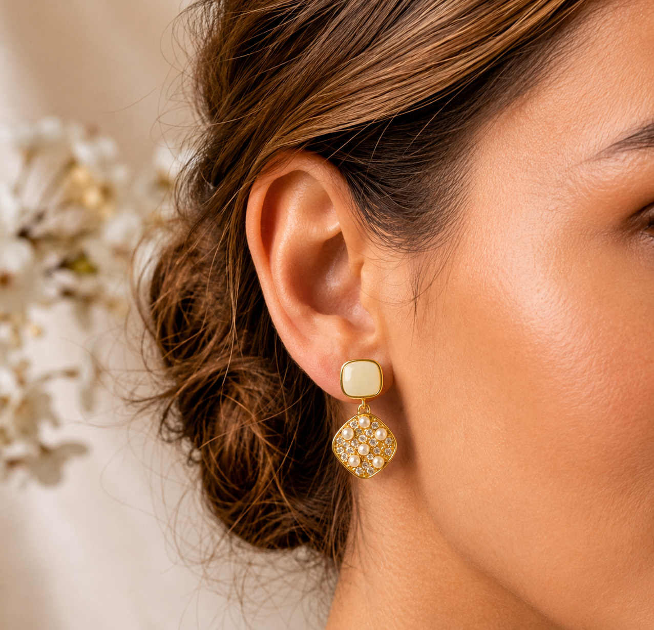 Gold Toned Pearl Drop Dangle Earrings