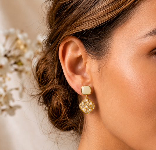 Gold Toned Pearl Drop Dangle Earrings