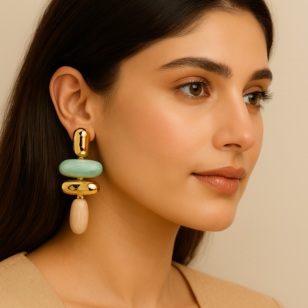 Marbled Resin Sage Green and Beige Gold toned Earrings