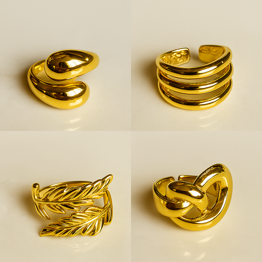 Golden Muse Rings – Set of 4 Sculpted 18k Gold Plated Statement Rings