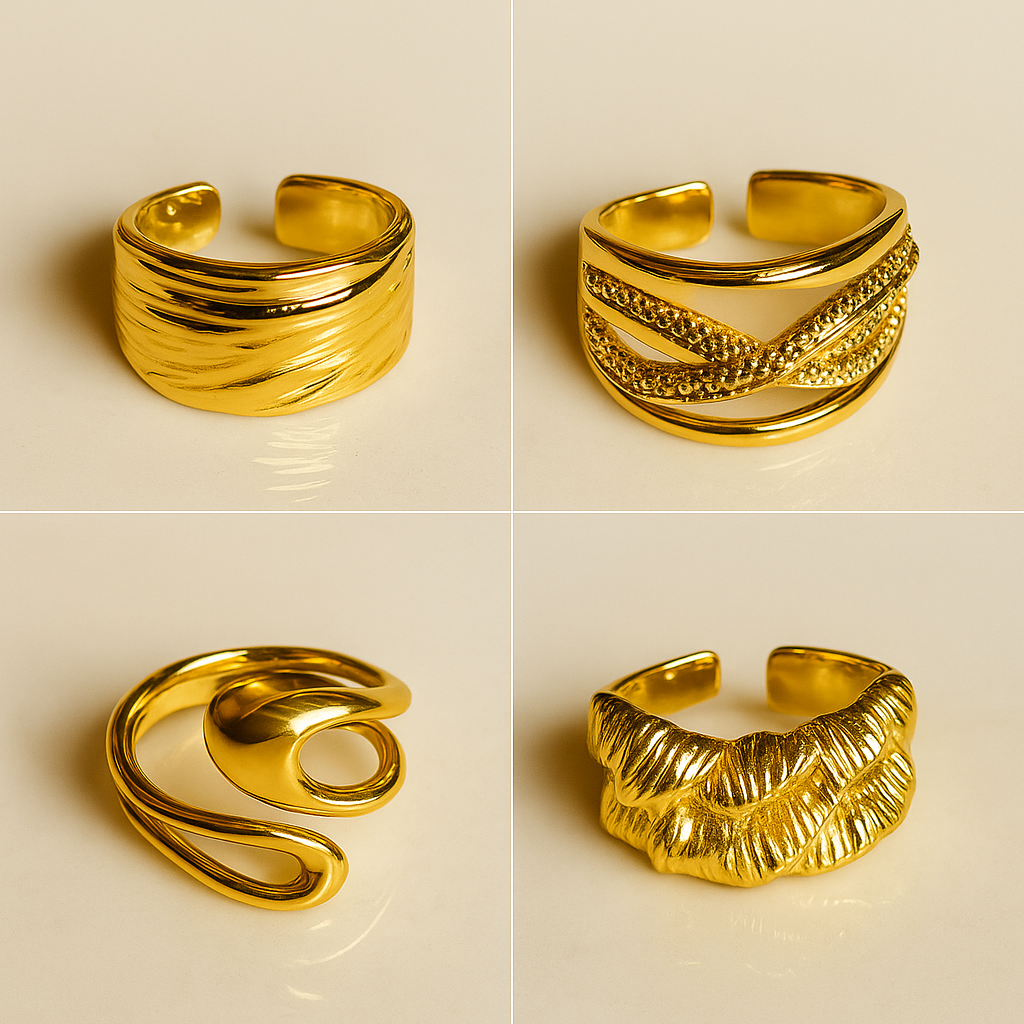 Golden Flow- Set of 4 Textured 18k Gold Plated Statement Rings