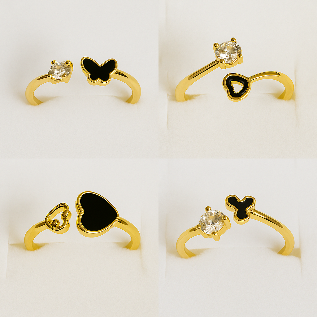 Set of 4 Elegant Zirconia Gold plated Adjustable Rings