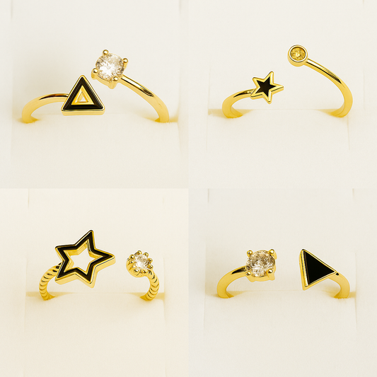 Set of 4 Elegant Geometric Zirconia And Gold Plated Adjustable Rings