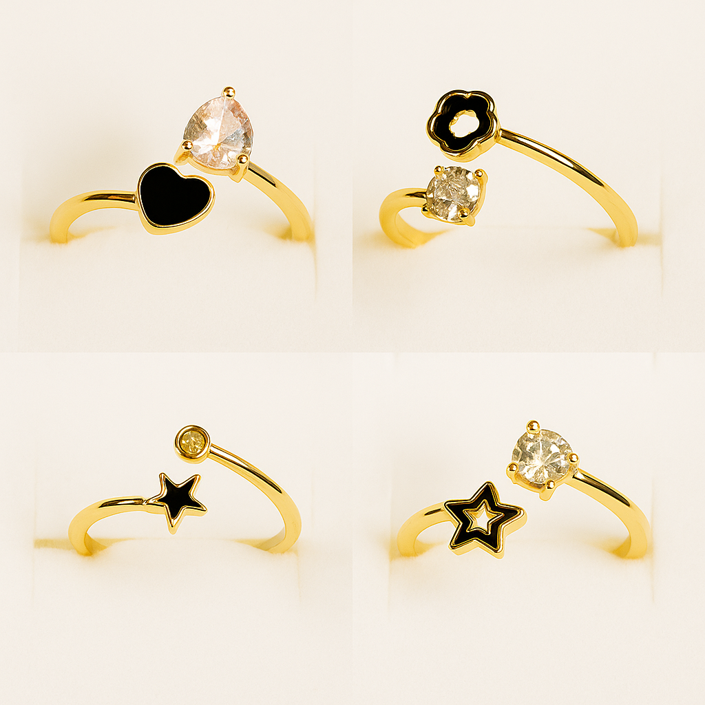 Set of 4 Elegant Zirconia and Gold Plated Adjustable Rings
