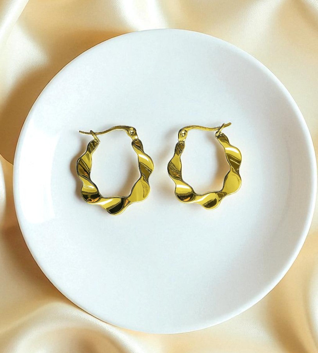 Gold Toned Anti Tarnish Wavy Twisted Hoops