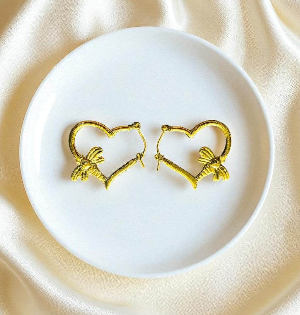 Gold Toned Anti Tarnish Dragonfly & Heart Hoops