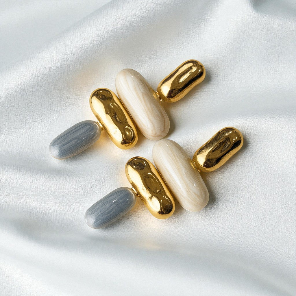 Marbled Resin Grey and Beige Gold toned Earrings