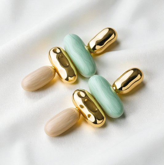 Marbled Resin Sage Green and Beige Gold toned Earrings