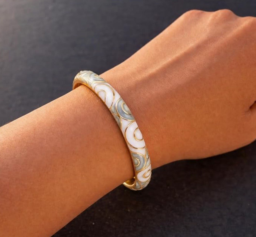 Grey And White Meenakari Enamel Bangle With Golden Swirl Detailing