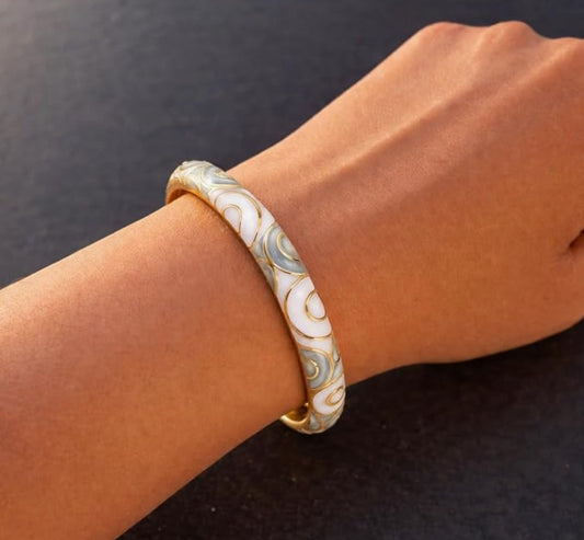 Grey And White Meenakari Enamel Bangle With Golden Swirl Detailing