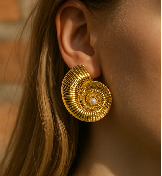 Gold Toned Shell With Pearl Earrings