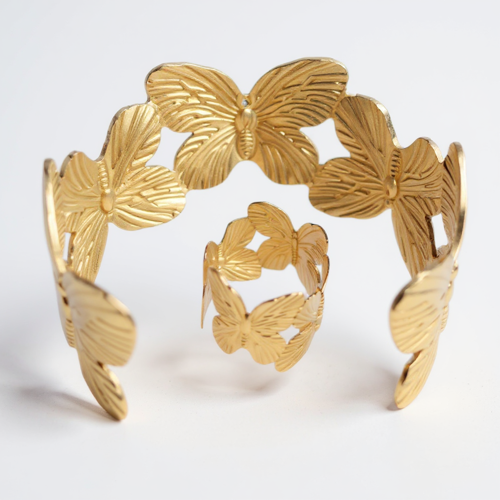 Gold Toned Butterfly Bracelet & Ring Set