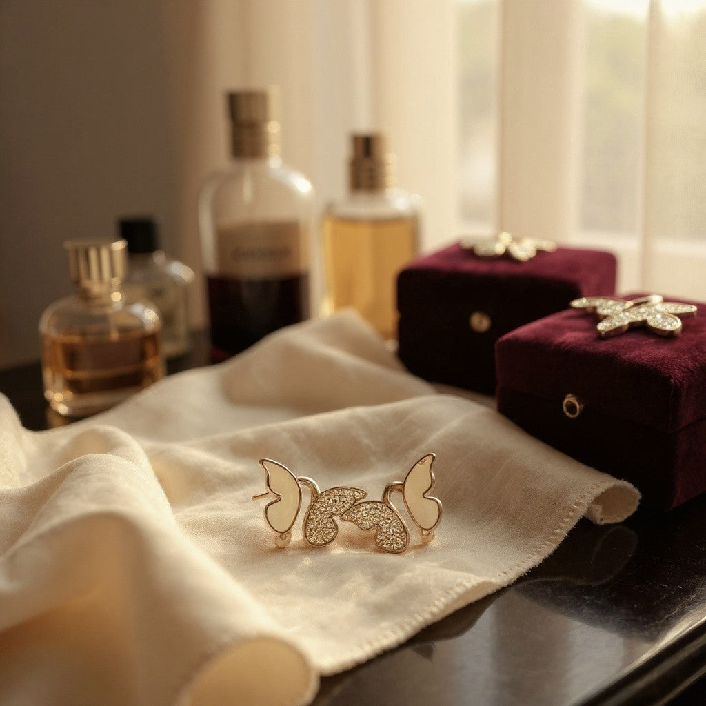 Gold Toned Pink Butterfly Stud Earrings