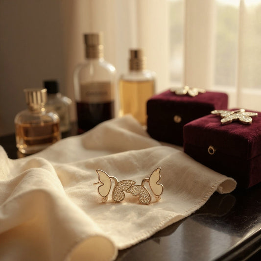 Gold Toned Pink Butterfly Stud Earrings