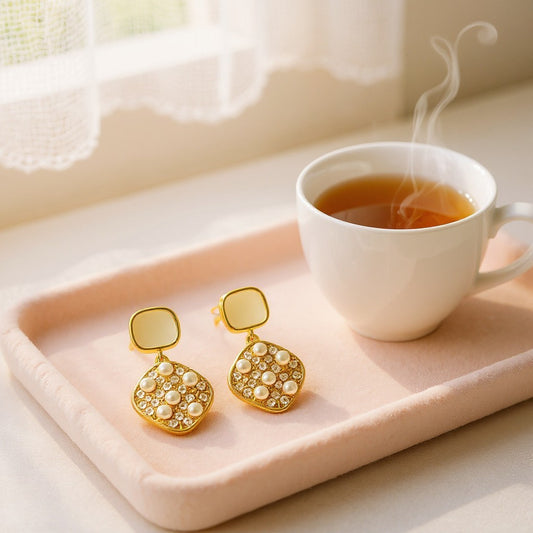 Gold Toned Pearl Drop Dangle Earrings