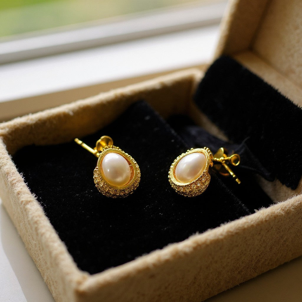 Gold Toned Pearl Dome Nest Stud Earrings