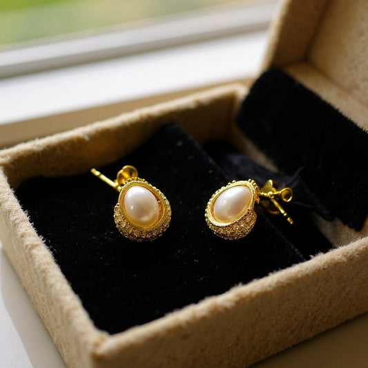Gold Toned Pearl Dome Nest Stud Earrings