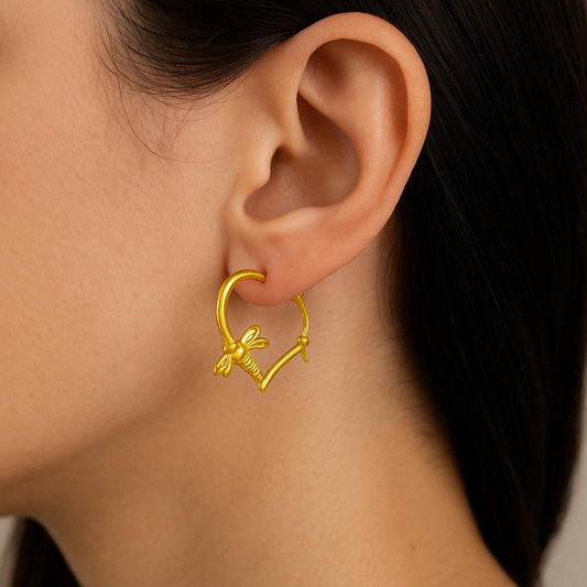 Gold Toned Anti Tarnish Dragonfly & Heart Hoops