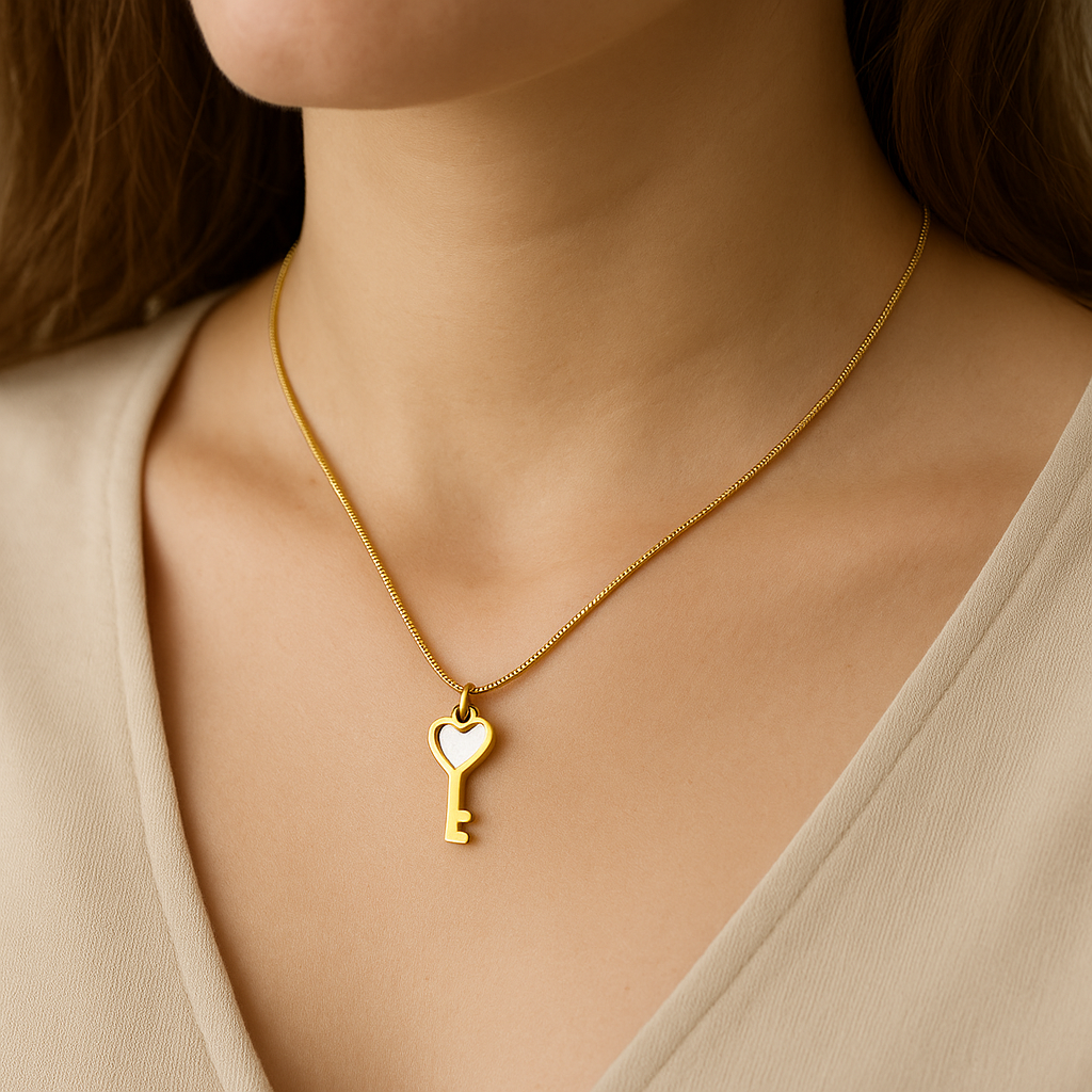 Gold toned Heart Key Pendant Necklace