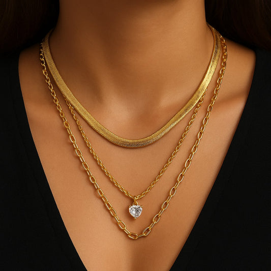 3 Layered Chain Heart Charm Necklace