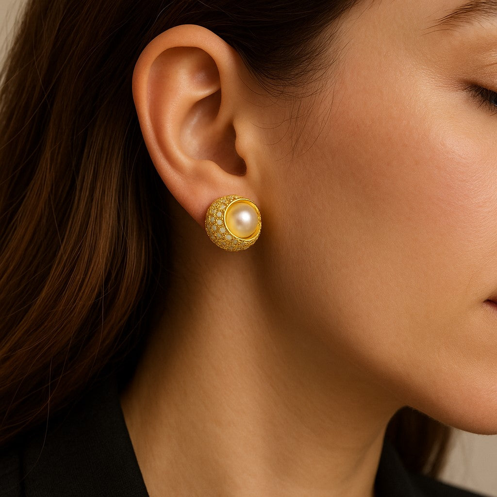 Gold Toned Pearl Dome Nest Stud Earrings