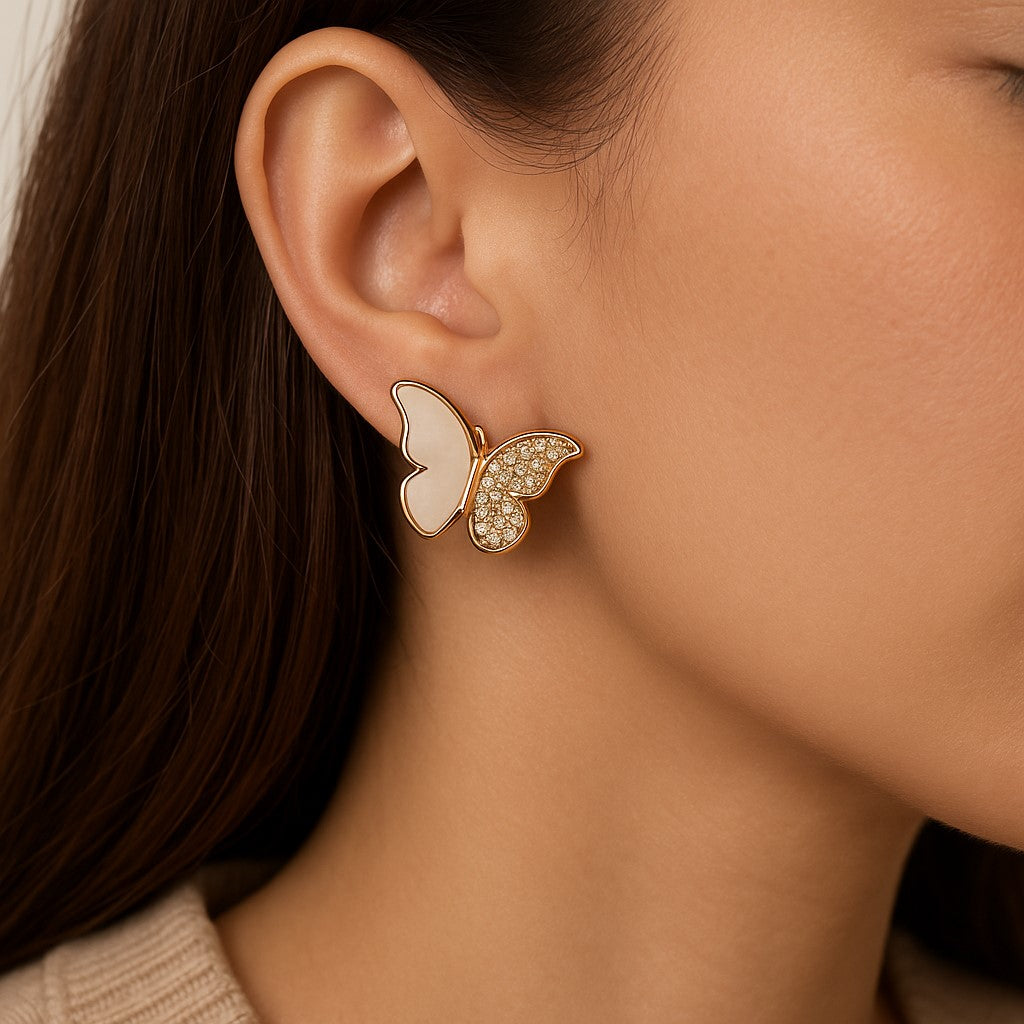 Gold Toned Pink Butterfly Stud Earrings