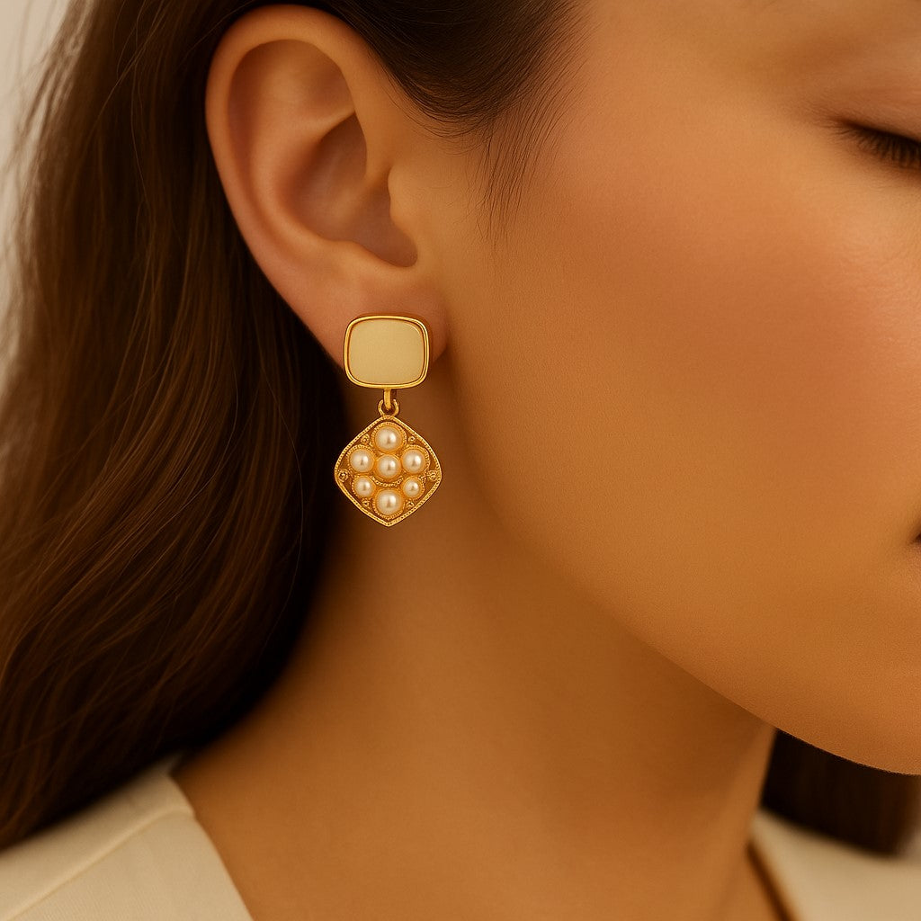 Gold Toned Pearl Drop Dangle Earrings