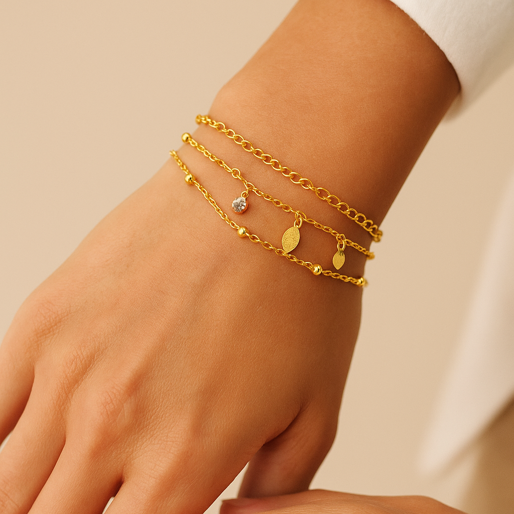 Set of 3 Leaf Motif & Charm Bracelet