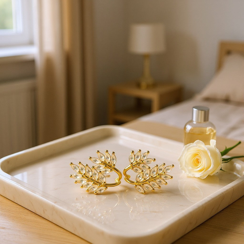 Gold Toned Flower Petal Shape Earrings