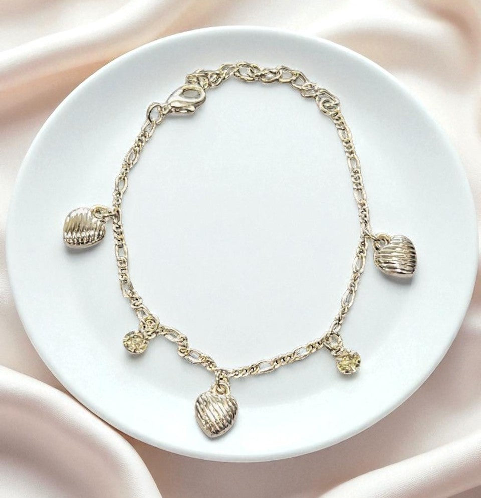 Silver Toned Heart & Diamond Charm Bracelet