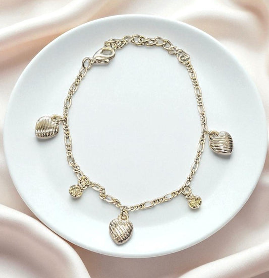 Silver Toned Heart & Diamond Charm Bracelet