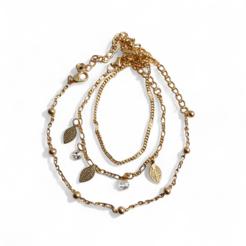 Set of 3 Leaf Motif & Charm Bracelet